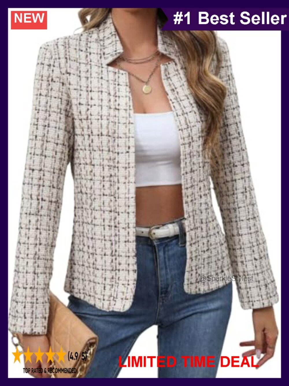 Plaid Tweed Blazer Notch Lapel Open Front Slim Fit Business Casual Work Jacket